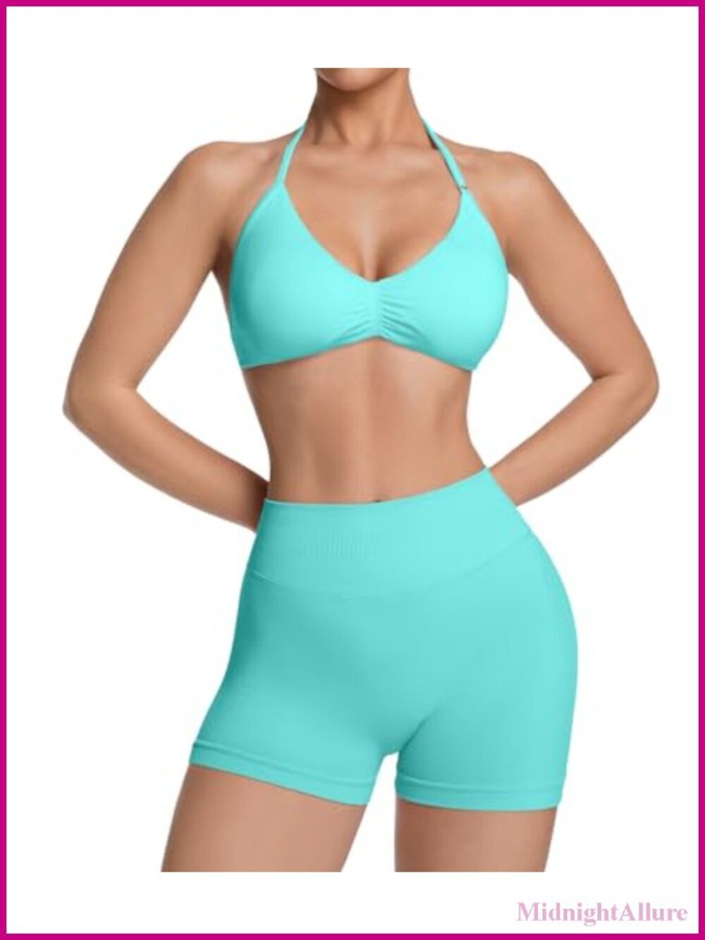 Seamless Ribbed Workout Sets for Women Halter Sports Bra & Yoga Shorts